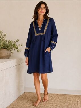 Aritzia Sunday Best Embroidered Boho Dress Navy Blue Cotton Tunic Mini Dress S